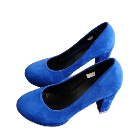 COBALT BLUE VEGAN SUEDE Platform Pumps 7.5 Heels Y2K Vibe Chunky Heel - Picture 4 of 16